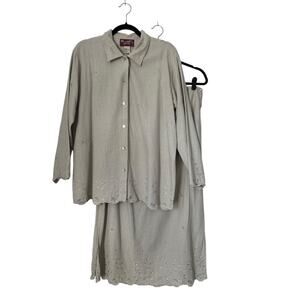 Denim and Co Jeanswear Skirt Set Size L Linen Rayon Khaki Tonal Floral Border